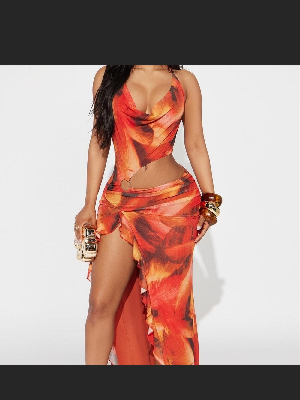 Red Orange Cutout Maxi Dress with Ruching